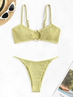 Textured O Ring Cutout String Bikini Swimwear Green