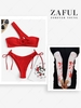 Textured O Ring One Shoulder Bikini with Halloween Blood Fingerless Gloves Red