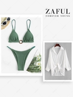 Textured O Ring String Bikini and Shirt Cover Up Green