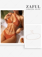 Textured One Shoulder O-ring Bikini Swimwear With Faux Pearl Pendant Waist Chain Coffee