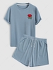 Textured Rose Print Shorts Sleeves T Shirt With Drawstring Shorts Two Piece Set Light blue