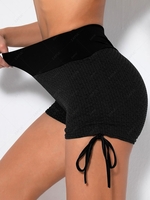 Textured Side Tie Scrunch Butt Skinny Gym Shorts M Black