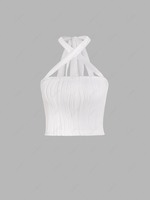 Textured Sleeveless Halter Crop Top L White