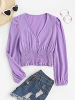 Textured Smocked Detail Puff Sleeve Blouse L Light purple