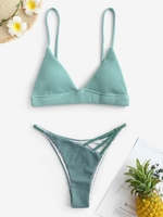 Textured Solid Bikini Top and Strappy Bikini Bottom Set Light green