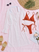 Textured String Thong Ruched Bikini With Chiffon Cover Up Shirt Orange