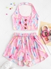 Tie Dye Print Halter Crop Top and Mini Shorts Set Xl Pig pink