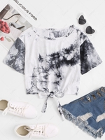 Tie Dye Print Tie Front Cropped Tee S Gray