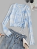 Tie Dye Ribbed Lettuce Trim Cinched Henley T-shirt S Baby blue
