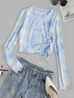 Tie Dye Ribbed Lettuce Trim Cinched Henley T-shirt S Baby blue
