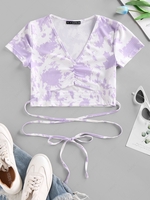 Tie Dye Ribbed Ruched Cutout Criss Cross T Shirt Xl Purple