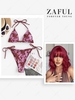 Tie Dye Ribbed String Bikini Set With Full Bang Short Wavy Synthetic Wig Deep red