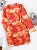 Tie Dye Ruched Bodycon Long Sleeve Dress S Red