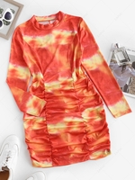 Tie Dye Ruched Bodycon Long Sleeve Dress S Red