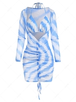 Tie Dye Ruched Mesh Dress with Halter Triangular Bralette M Blue