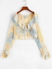 Tie Dye Ruffle Bell Sleeve Crop Blouse M Light blue