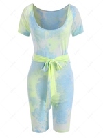 Tie Dye Scoop Neck Belted Cycling Romper M Light blue