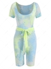 Tie Dye Scoop Neck Belted Cycling Romper S Light blue