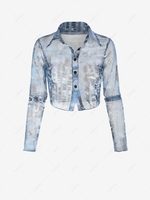 Tie Dye Sheer Mesh Button Up Collared Tee M Deep blue