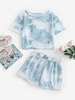 Tie Dye Short Sleeve T Shirt and Shorts Set L Light blue