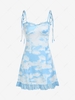 Tie Dye Sky Clouds Bustier Lace Trim Mini Dress S Light blue