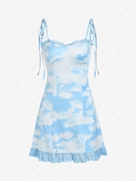 Tie Dye Sky Clouds Bustier Lace Trim Mini Dress S Light blue