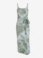 Tie Dye Slit Belted Midi Dress M Light green