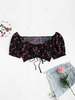 Tie Front Cherry Print Cropped Blouse Xl Black