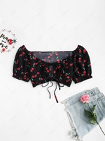 Tie Front Cherry Print Cropped Blouse Xl Black