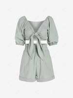 Tie Front Cropped Top and Paperbag Shorts Set L Green