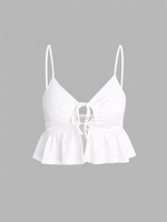 Tie Front Cut Out Peplum Hem Cami Top M White