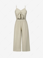Tie Front Cut Out Shirred Back Wide Leg Jumpsuit L Light coffee