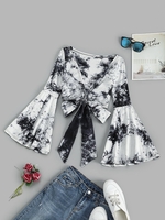 Tie Front Flare Sleeve Tie Dye Cropped Top M Black