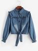 Tie Front Frilled Button Up Denim Jacket L Light blue