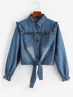 Tie Front Frilled Button Up Denim Jacket S Light blue