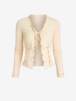 Tie Front Frilled T Shirt L Light coffee