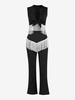 Tie Front Fringed Top and Boot Cut Pants Set M Black