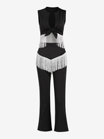 Tie Front Fringed Top and Boot Cut Pants Set S Black