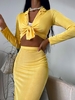 Tie Front Jersey Cropped Top and Skirt Set M Yellow