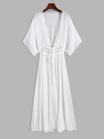 Tie Front Lace Panel Duster Cover Up L White