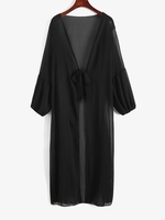Tie Front Lantern Sleeve Midi Cover Up Black