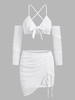 Tie Front Mesh String Cutout Cinched Skirt Set L White