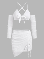 Tie Front Mesh String Cutout Cinched Skirt Set L White