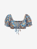 Tie Front Puff Sleeve Abstract Print Blouse L Deep blue