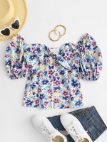 Tie Front Puff Sleeve Floral Blouse M Light blue