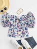 Tie Front Puff Sleeve Floral Blouse S Light blue
