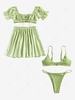 Tie Front Puff Sleeve Swiss Dot Two Piece Dress and O-ring String Bikini Set Green