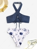Tie Front Ribbed Criss Cross Halter Neck Floral Print Cheeky Bikini Set Deep blue