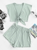 Tie Front Ribbed Cropped Two Piece Set L Light green