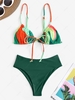 Tie Front Ruched Colorblock High Waisted High Leg Bikini Swimwear Deep green